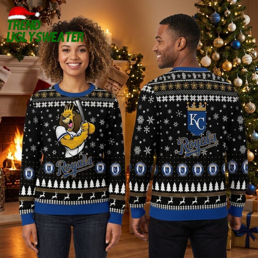 kansas city royals lion mascot playing baseball ugly christmas sweater