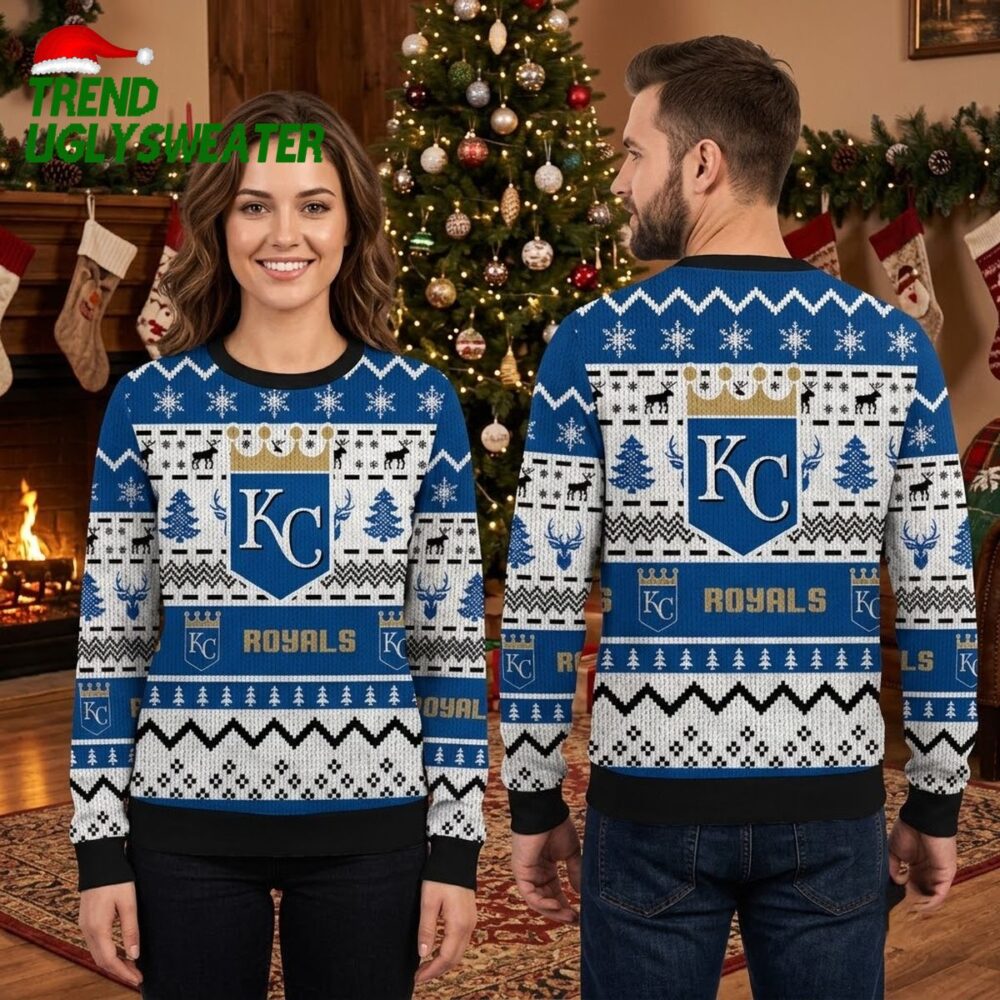 kansas city royals reindeer and snowflake pattern ugly christmas sweater