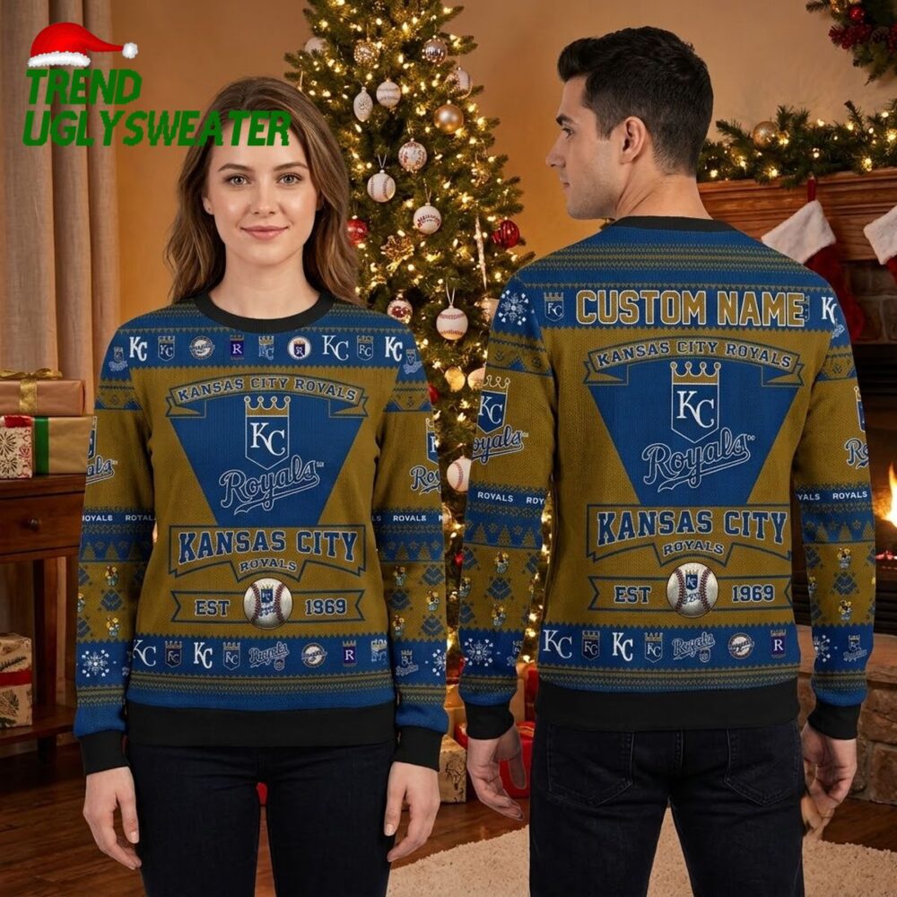 kansas city royals retro 1969 logo custom name ugly christmas sweater