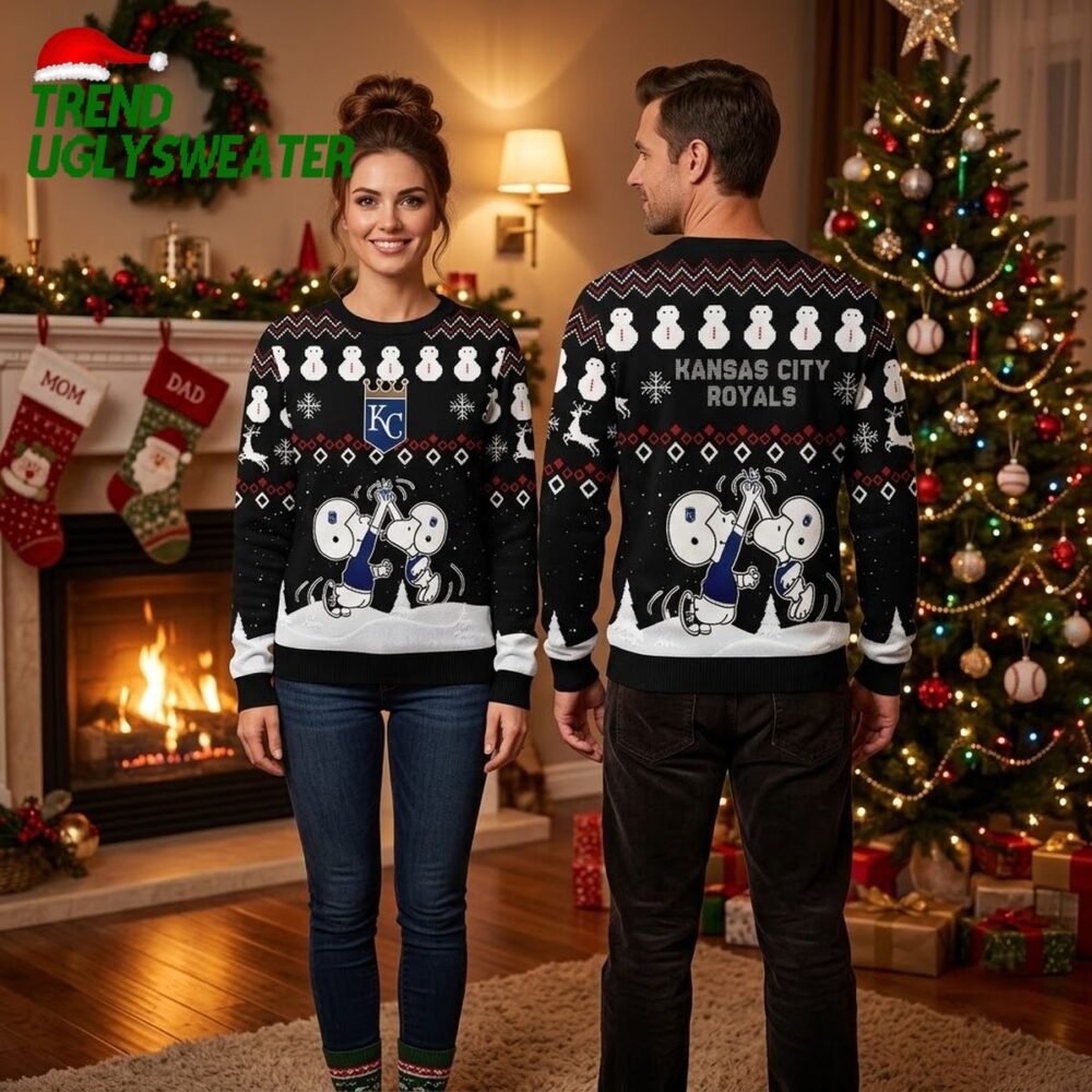 kansas city royals snoopy and woodstock snowman ugly christmas sweater