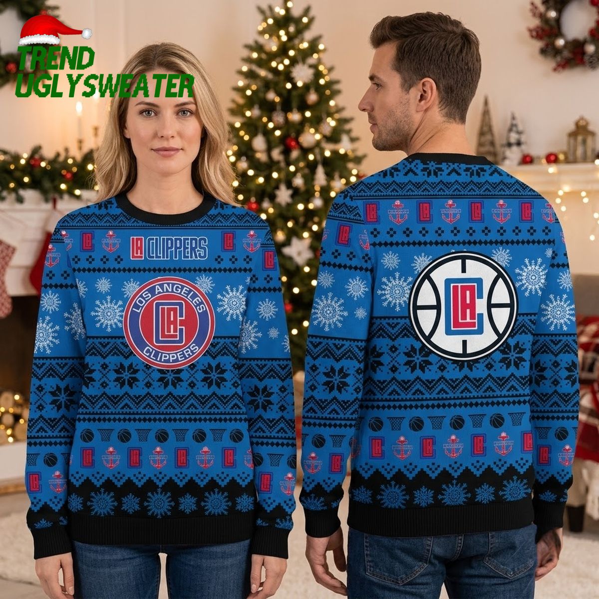 la clippers basketball logo snowflake pattern ugly christmas sweater la clippers basketball logo snowflake pattern ugly christmas sweater
