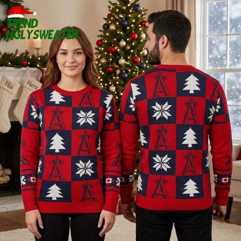 los angeles angels checkerboard trees and snowflakes ugly christmas sweater