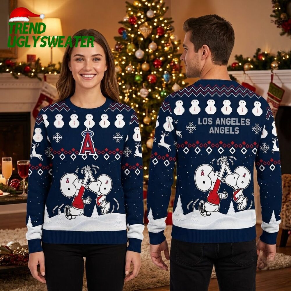 los angeles angels snoopy and woodstock christmas ugly christmas sweater