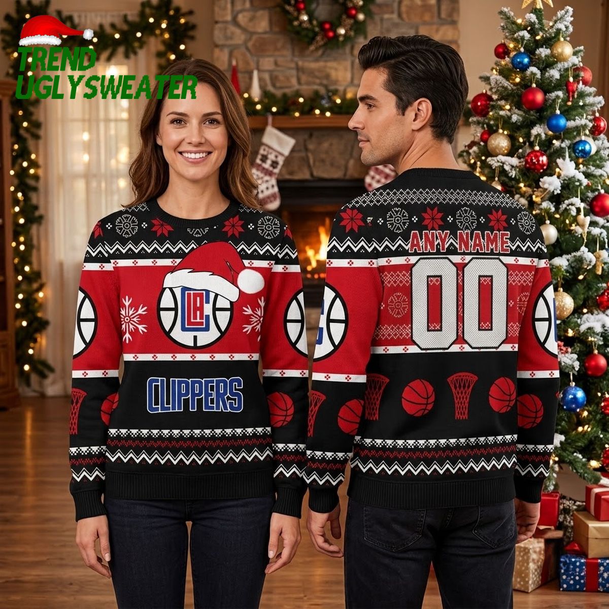los angeles clippers santa hat logo custom name and number ugly christmas sweater los angeles clippers santa hat logo custom name and number ugly christmas sweater