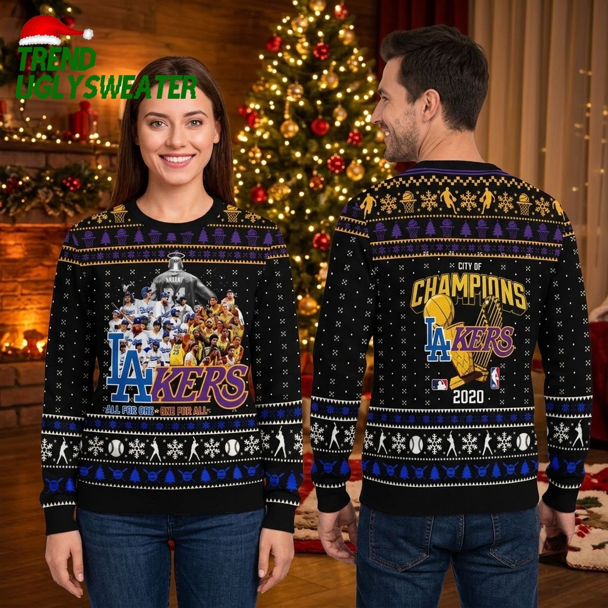 los angeles dodgers lakers city of champions 2020 ugly christmas sweater los angeles dodgers lakers city of champions 2020 ugly christmas sweater