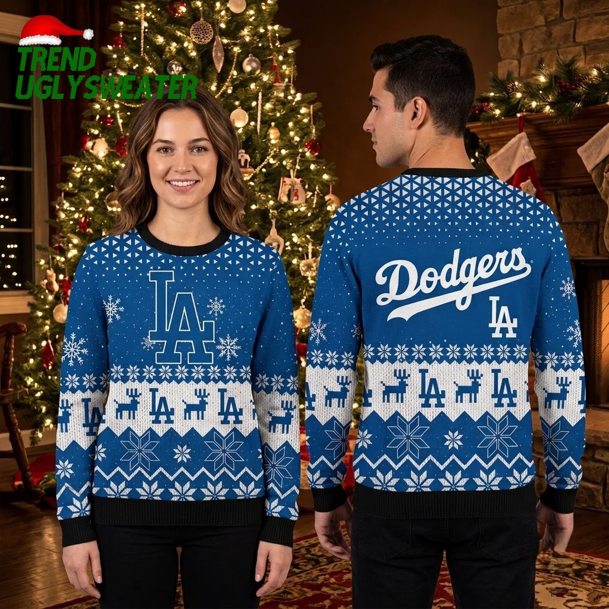 los angeles dodgers logo snowflake and reindeer pattern ugly christmas sweater los angeles dodgers logo snowflake and reindeer pattern ugly christmas sweater