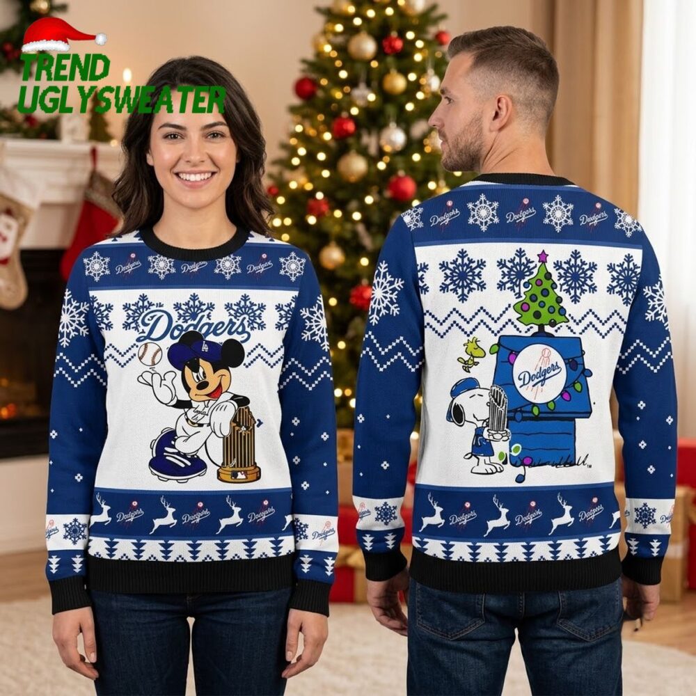 los angeles dodgers mickey mouse and snoopy baseball ugly christmas sweater