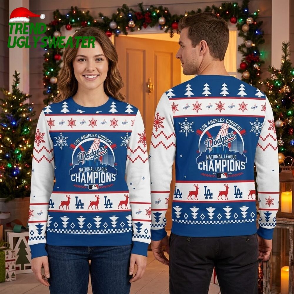 los angeles dodgers national league champions snowflake ugly christmas sweater