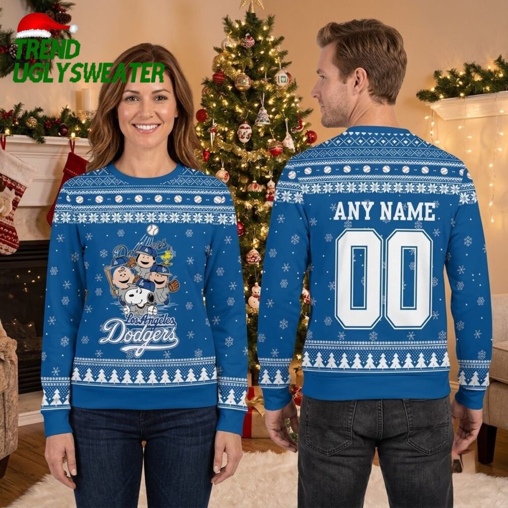 los angeles dodgers peanuts characters custom name and number ugly christmas sweater