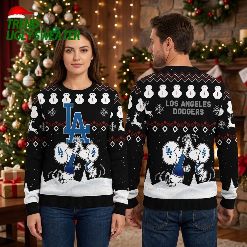 los angeles dodgers snoopy high five ugly christmas sweater
