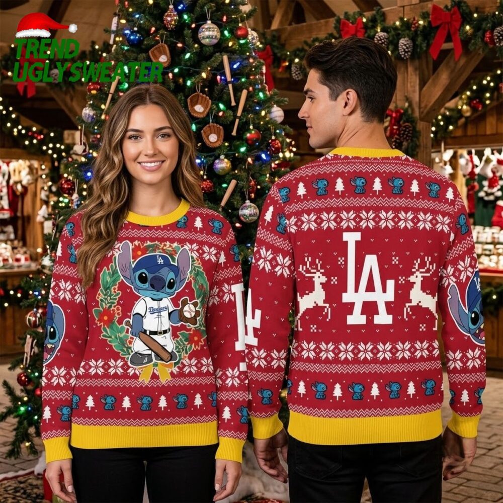 los angeles dodgers stitch baseball player red ugly christmas sweater