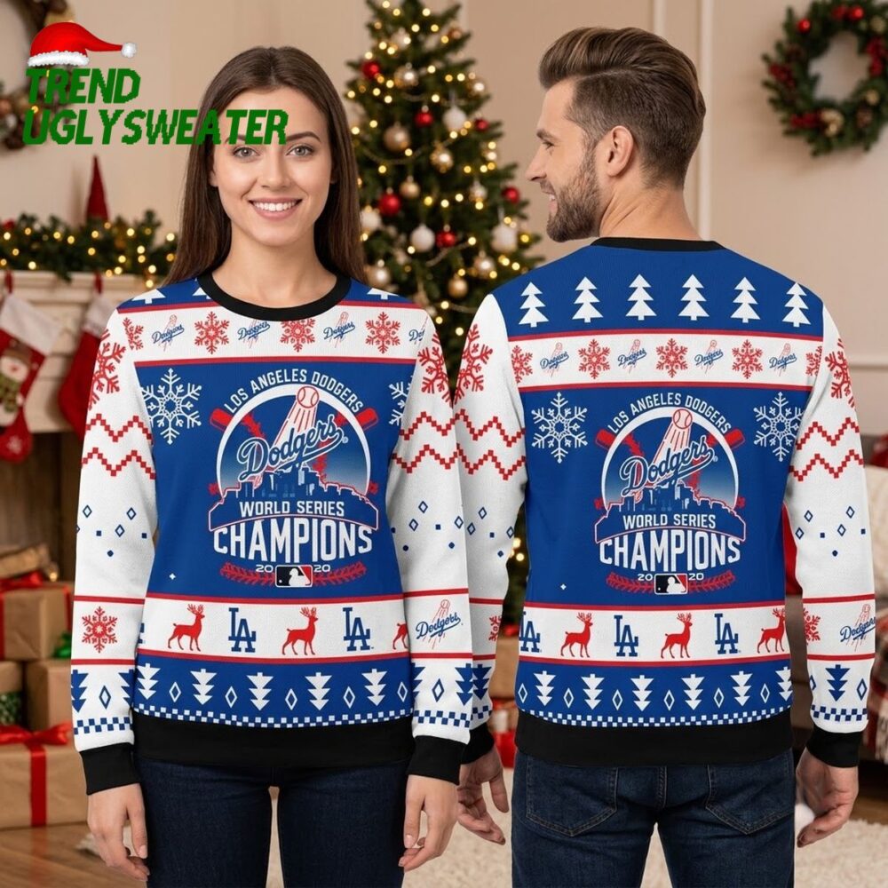 los angeles dodgers world series champions snowflake pattern ugly christmas sweater