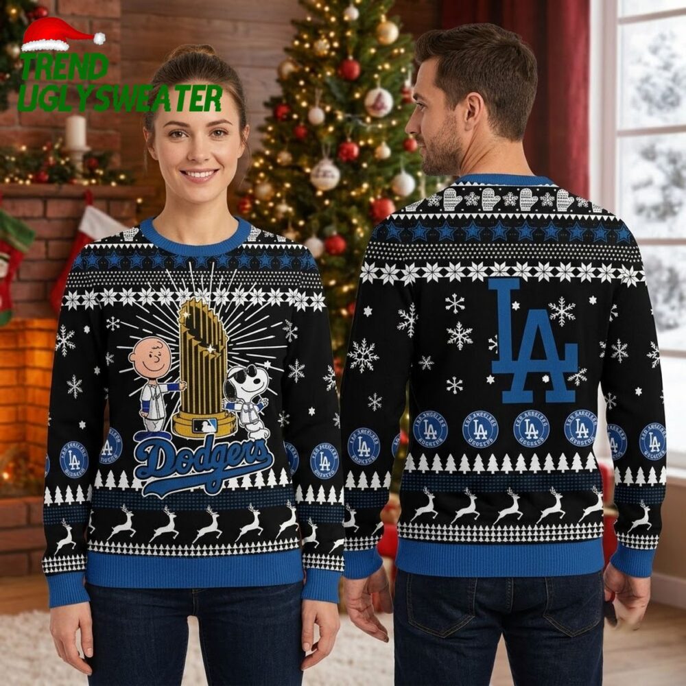 los angeles dodgers world series trophy with charlie brown and snoopy ugly christmas sweat