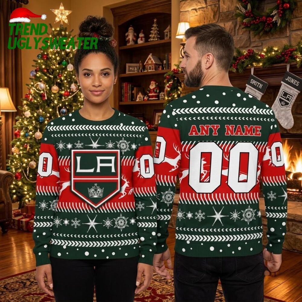 los angeles kings crown logo custom name and number ugly christmas sweater