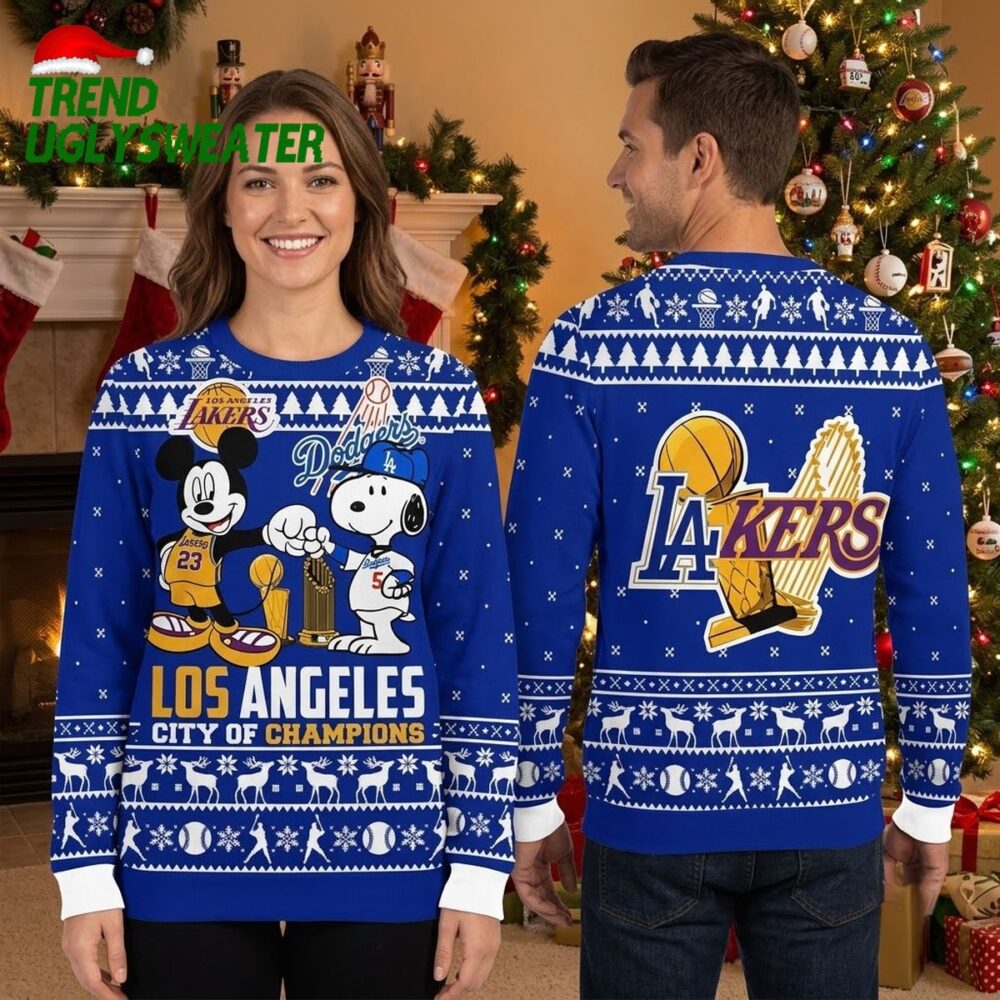 los angeles lakers dodgers city of champions mickey snoopy ugly christmas sweater