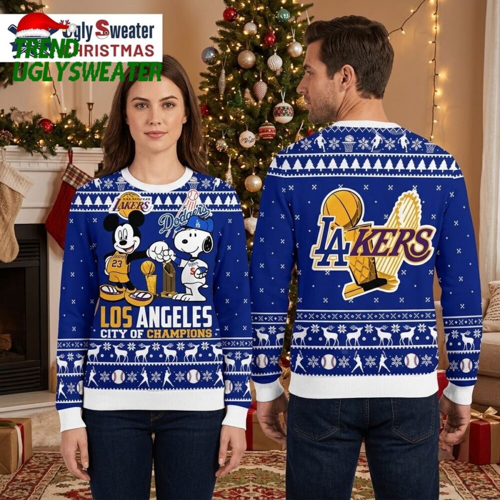 los angeles lakers mickey mouse and snoopy city of champions ugly christmas sweater