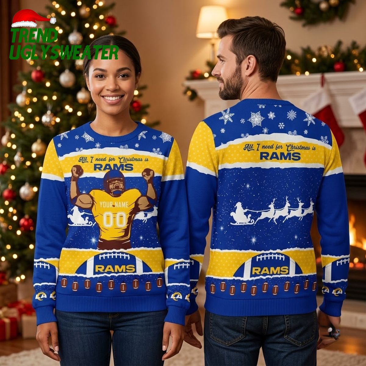 los angeles rams custom name and number santa sleigh ugly christmas sweater los angeles rams custom name and number santa sleigh ugly christmas sweater