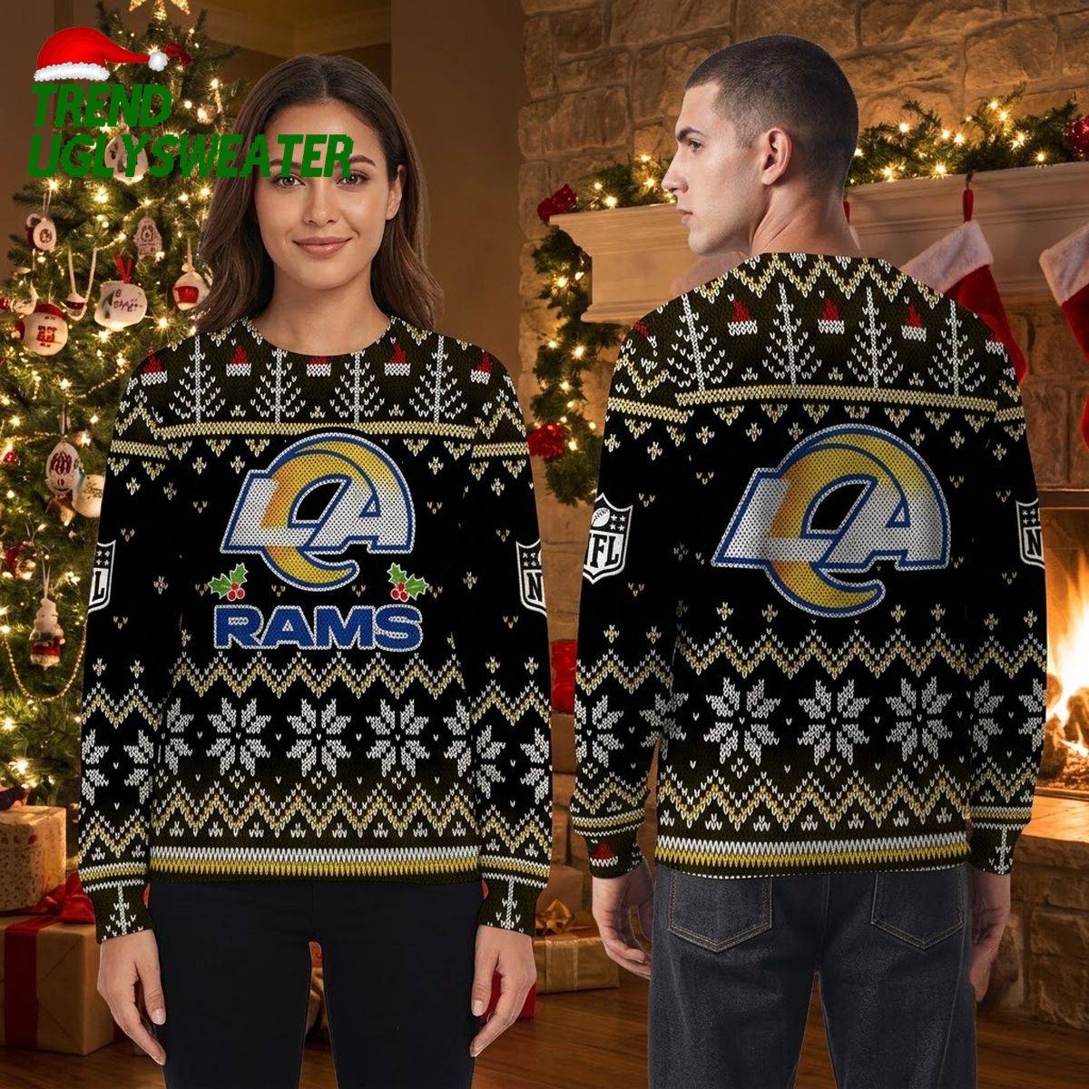 los angeles rams helmet logo snowflake and holly ugly christmas sweater los angeles rams helmet logo snowflake and holly ugly christmas sweater