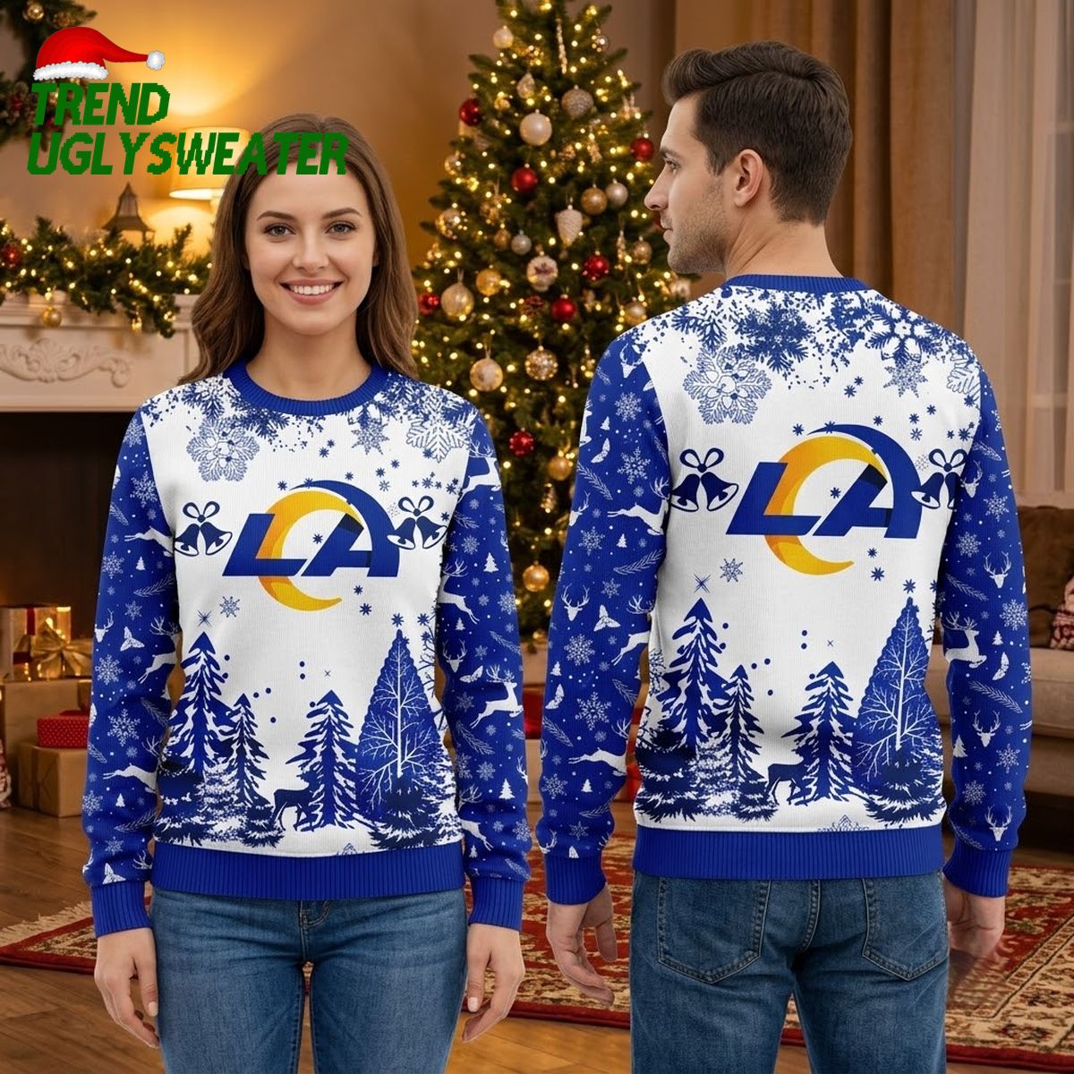 los angeles rams logo snowflake forest ugly christmas sweater los angeles rams logo snowflake forest ugly christmas sweater