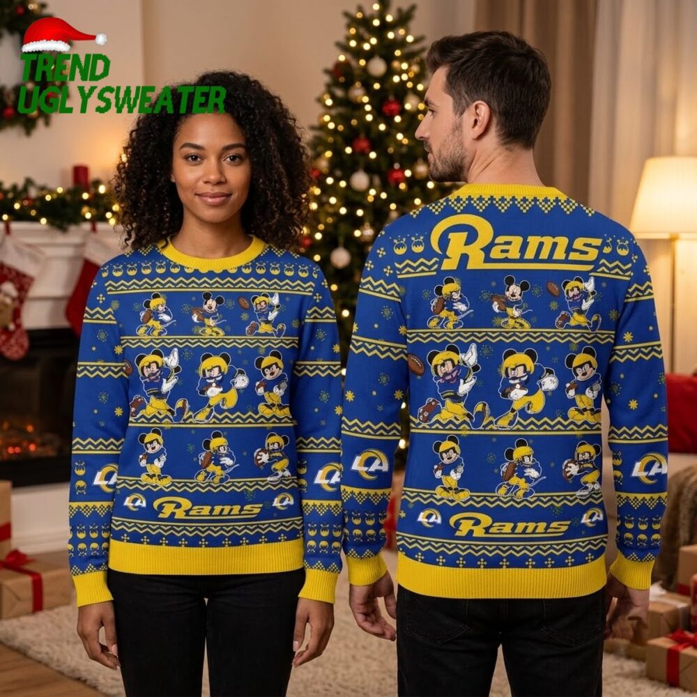 los angeles rams mickey mouse football player ugly christmas sweater