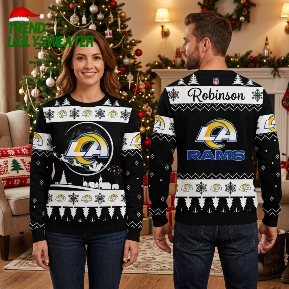 los angeles rams personalized robinson name christmas logo ugly christmas sweater