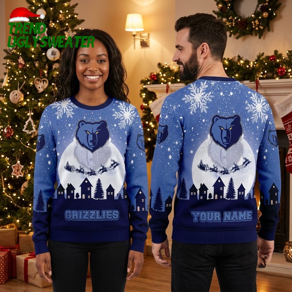 memphis grizzlies bear santa sleigh custom name ugly christmas sweater memphis grizzlies bear santa sleigh custom name ugly christmas sweater
