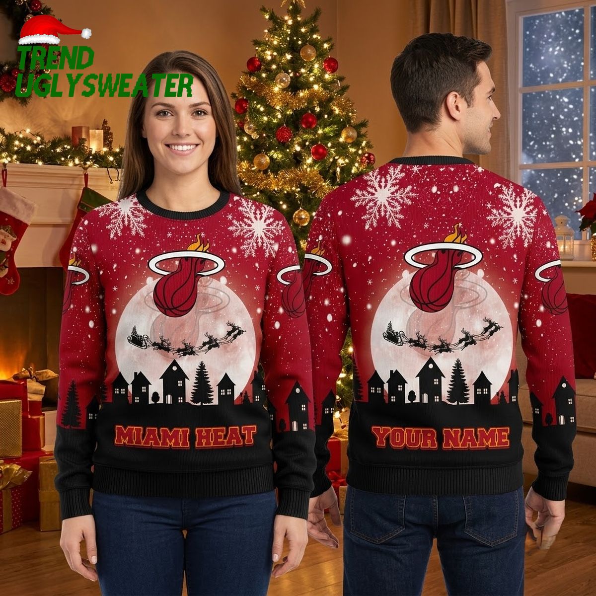 miami heat flaming basketball santa sleigh ride custom name ugly christmas sweater miami heat flaming basketball santa sleigh ride custom name ugly christmas sweater