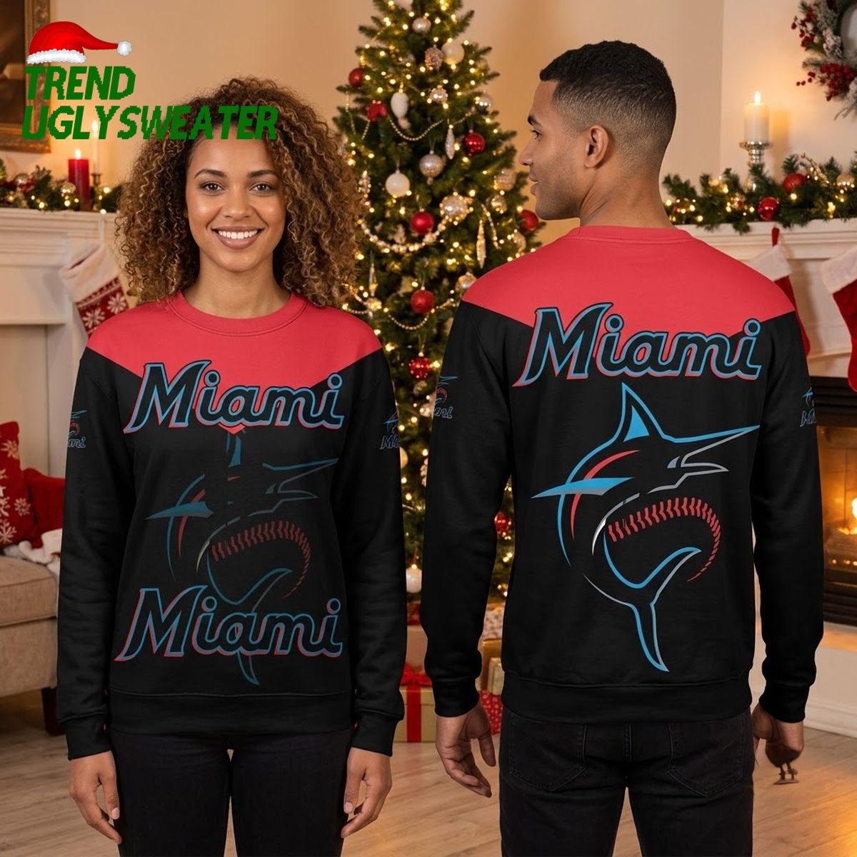 miami marlins baseball logo black and red ugly christmas sweater miami marlins baseball logo black and red ugly christmas sweater