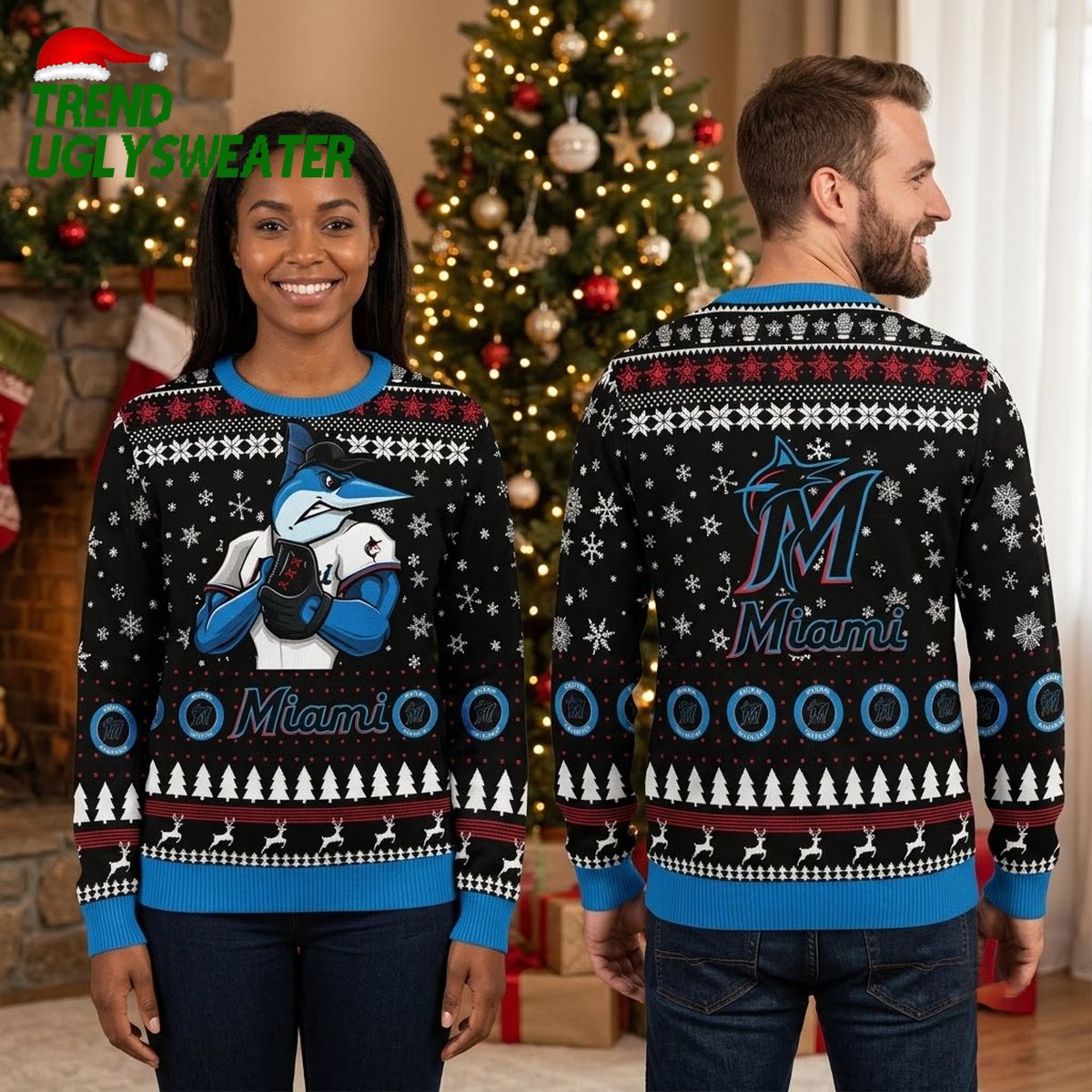miami marlins baseball marlin mascot snowflake ugly christmas sweater miami marlins baseball marlin mascot snowflake ugly christmas sweater