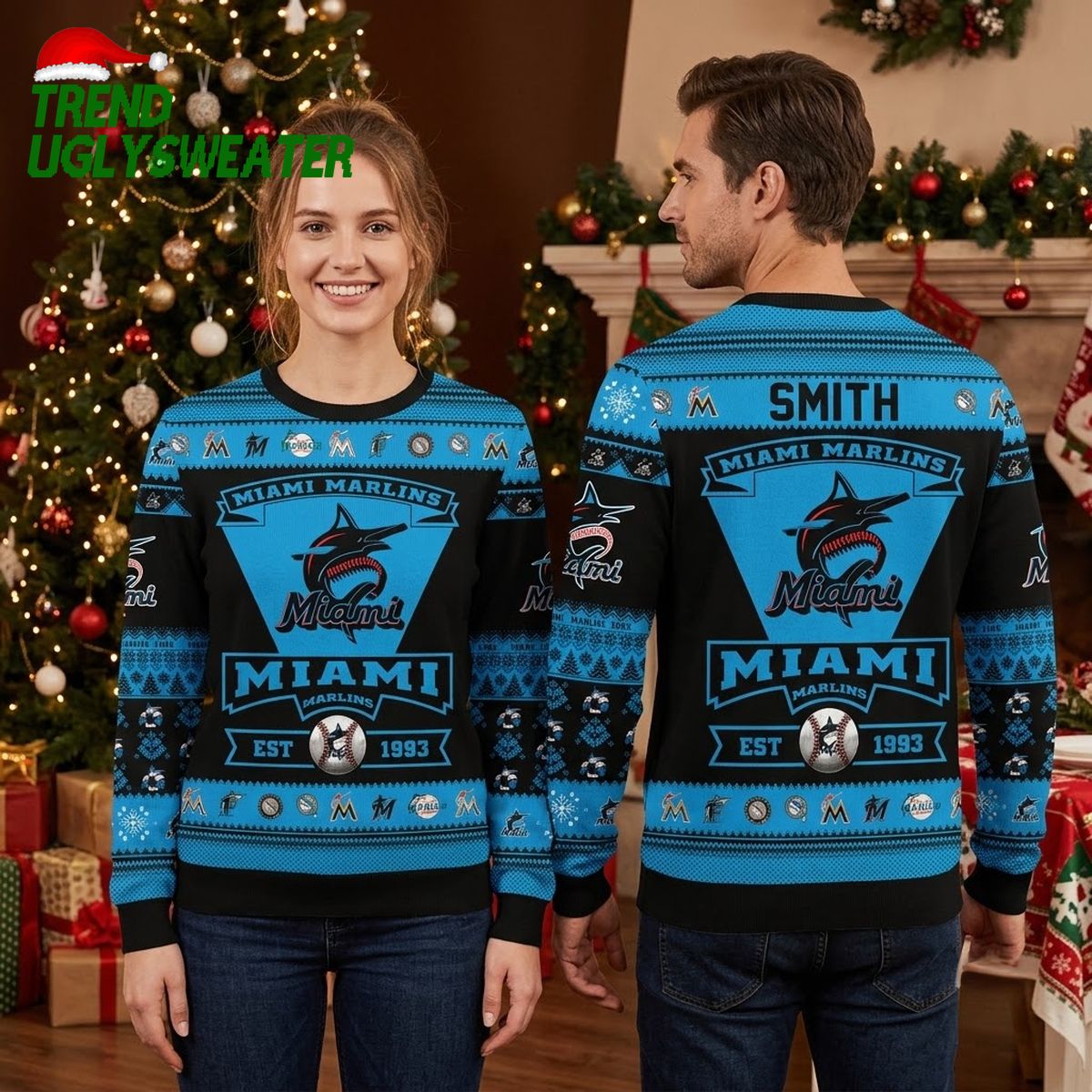 miami marlins custom name logo and baseball ugly christmas sweater miami marlins custom name logo and baseball ugly christmas sweater
