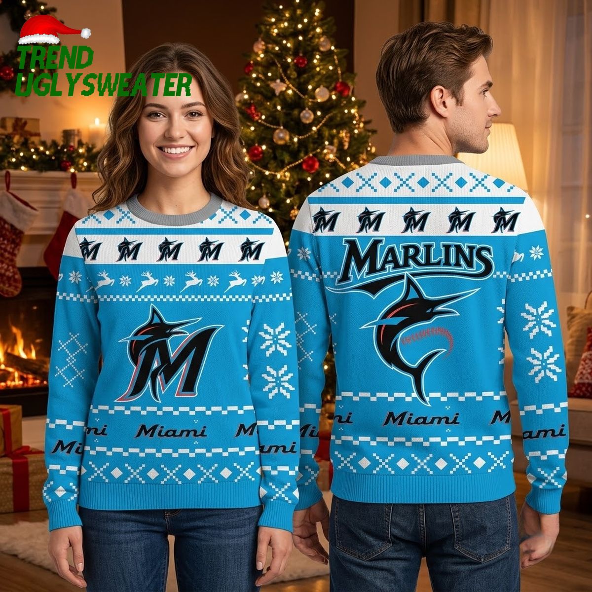 miami marlins logo snowflake and reindeer pattern ugly christmas sweater miami marlins logo snowflake and reindeer pattern ugly christmas sweater