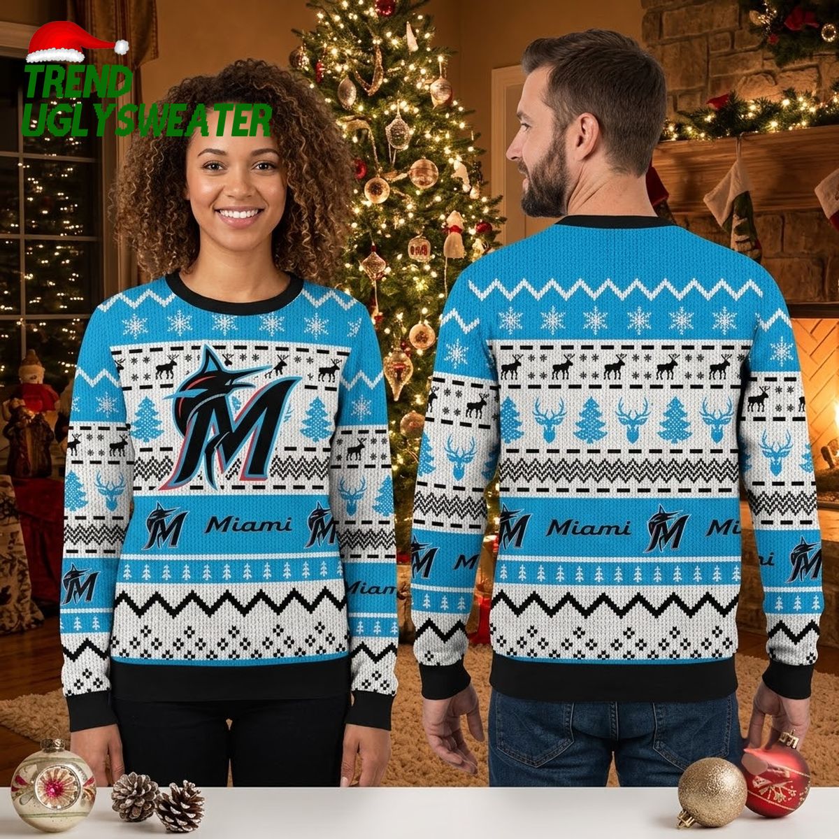 miami marlins logo snowflake reindeer pattern ugly christmas sweater miami marlins logo snowflake reindeer pattern ugly christmas sweater