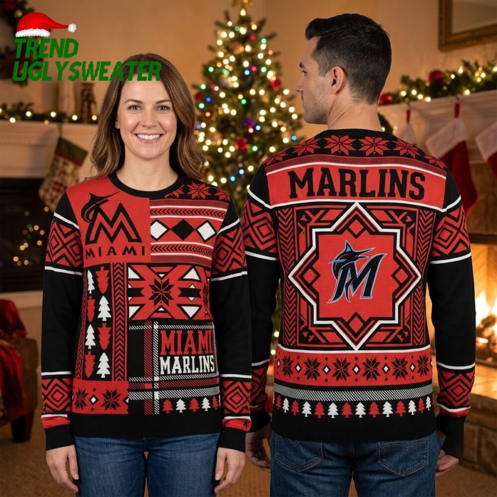 miami marlins red and black patchwork ugly christmas sweater