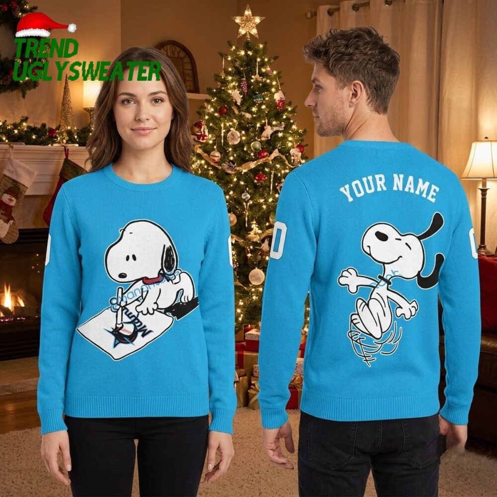 miami marlins snoopy baseball custom name and number ugly christmas sweater