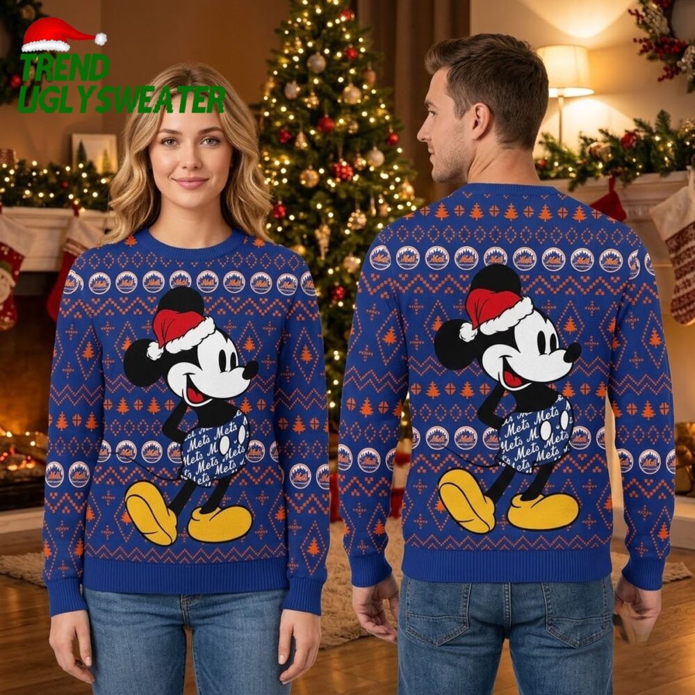 mickey mouse santa hat new york mets blue ugly christmas sweater