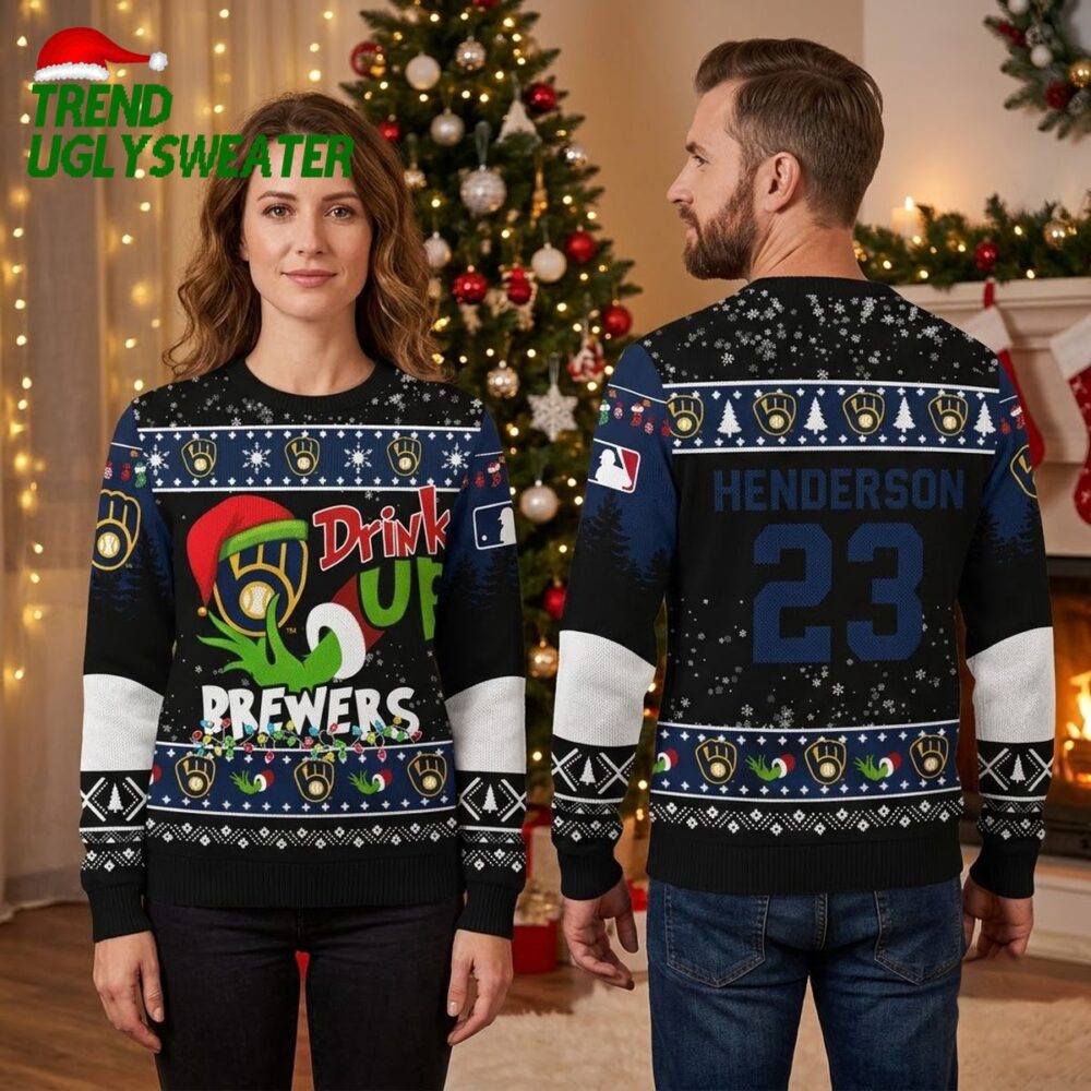 milwaukee brewers grinch drink up custom name and number ugly christmas sweater