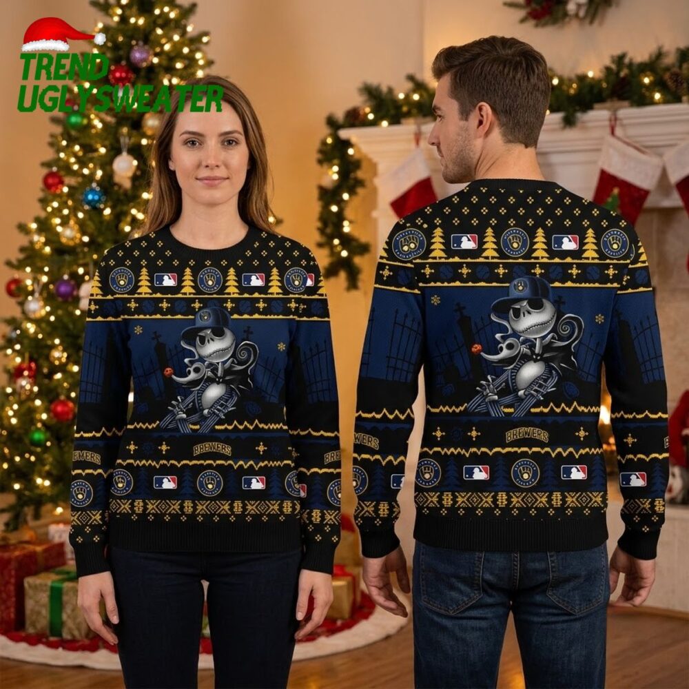 milwaukee brewers jack skellington ugly christmas sweater