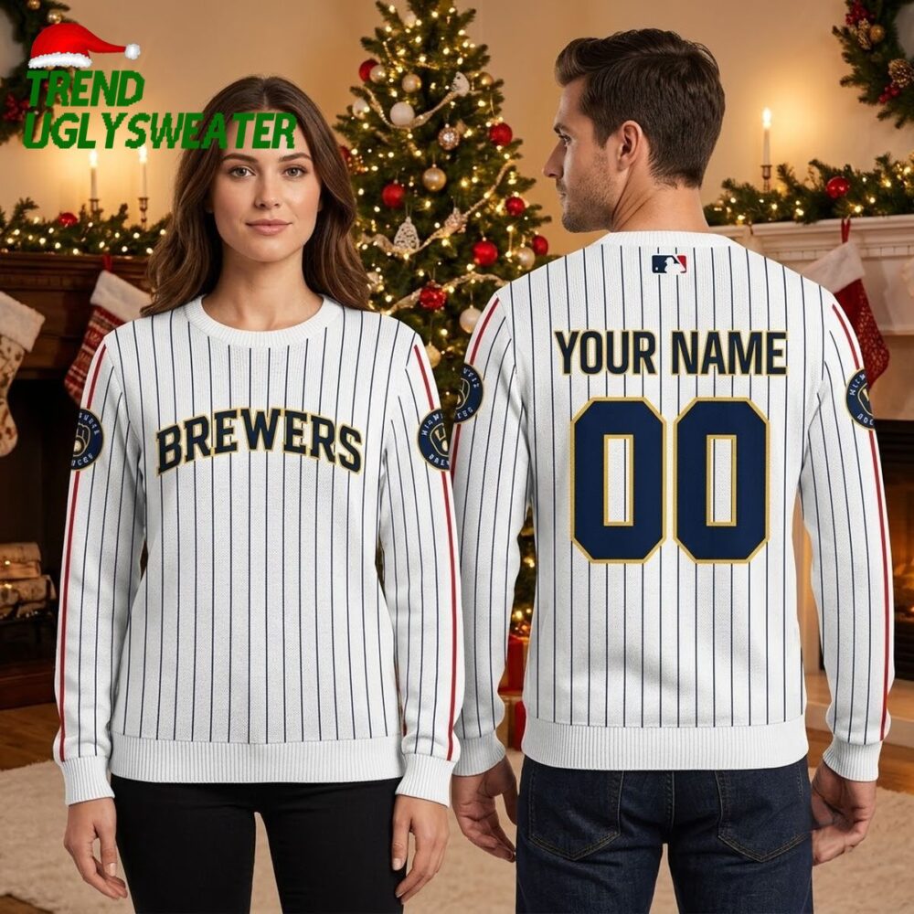 milwaukee brewers personalized white pinstripe custom name and number ugly christmas sweat