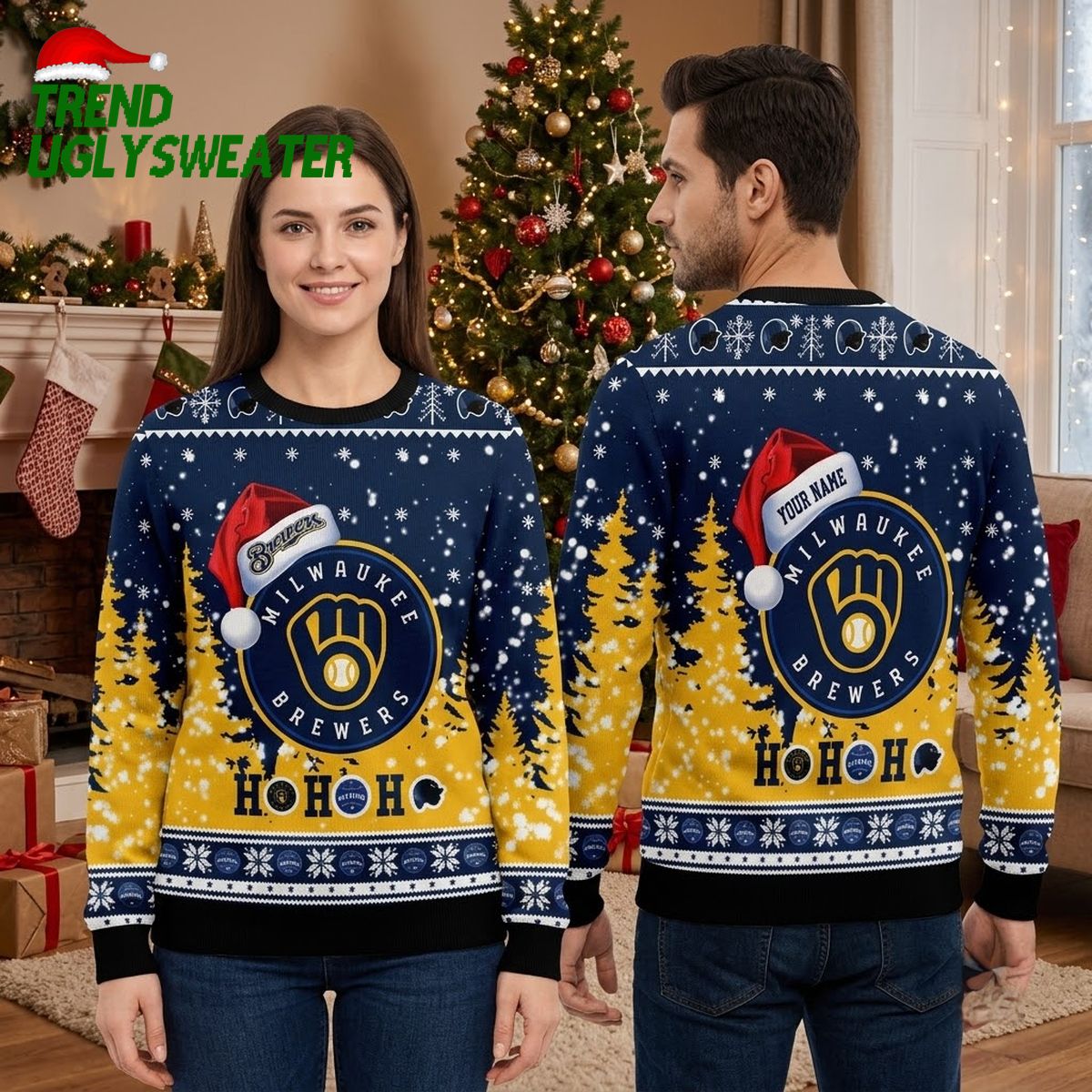 milwaukee brewers santa hat logo christmas trees navy blue ugly christmas sweater milwaukee brewers santa hat logo christmas trees navy blue ugly christmas sweater