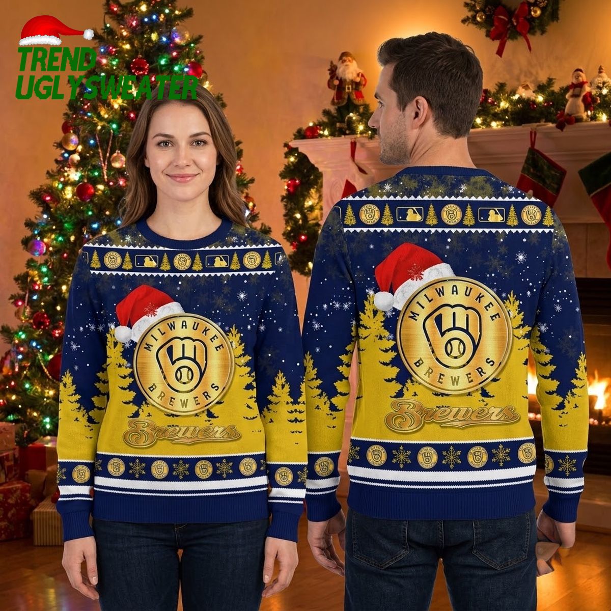 milwaukee brewers santa hat logo christmas trees ugly christmas sweater milwaukee brewers santa hat logo christmas trees ugly christmas sweater