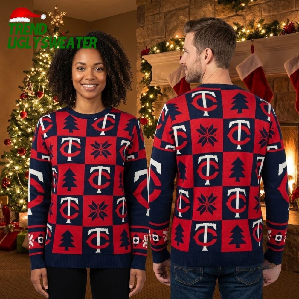 minnesota twins checkered christmas trees and snowflakes ugly christmas sweater