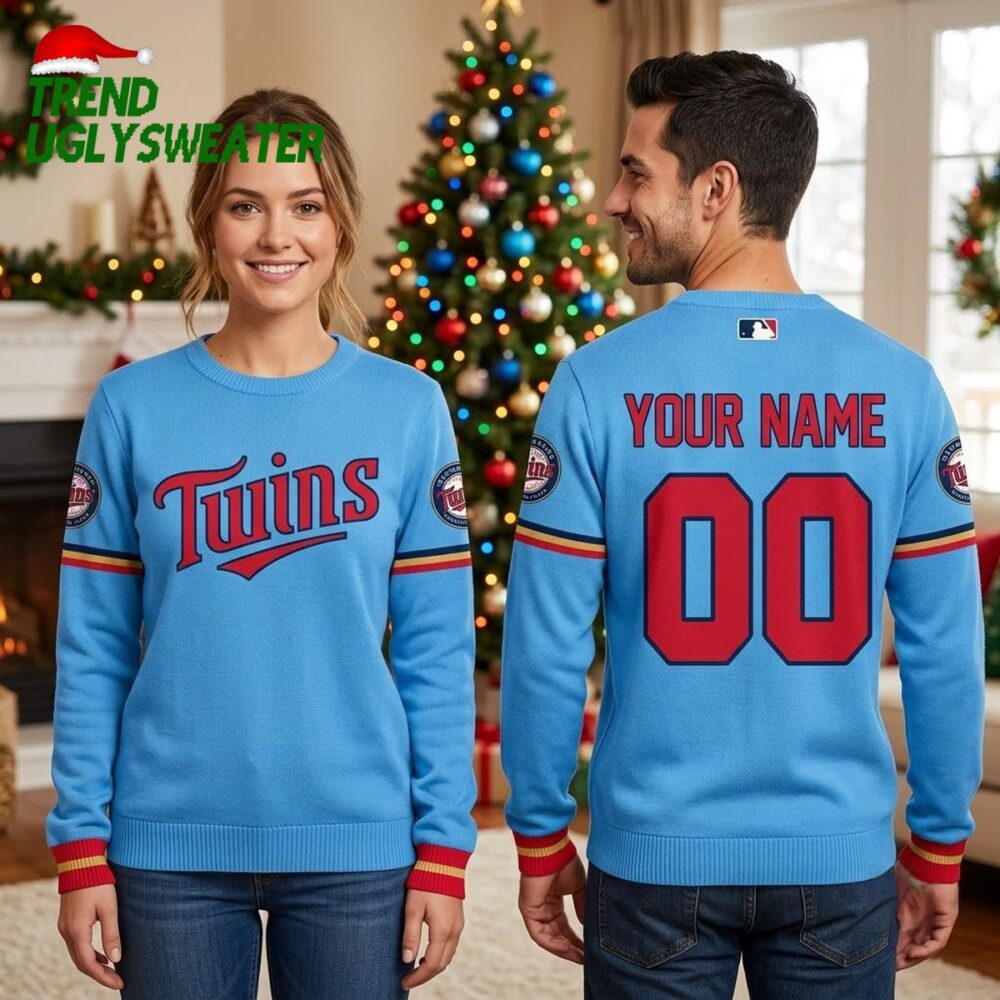 minnesota twins custom name and number blue ugly christmas sweater