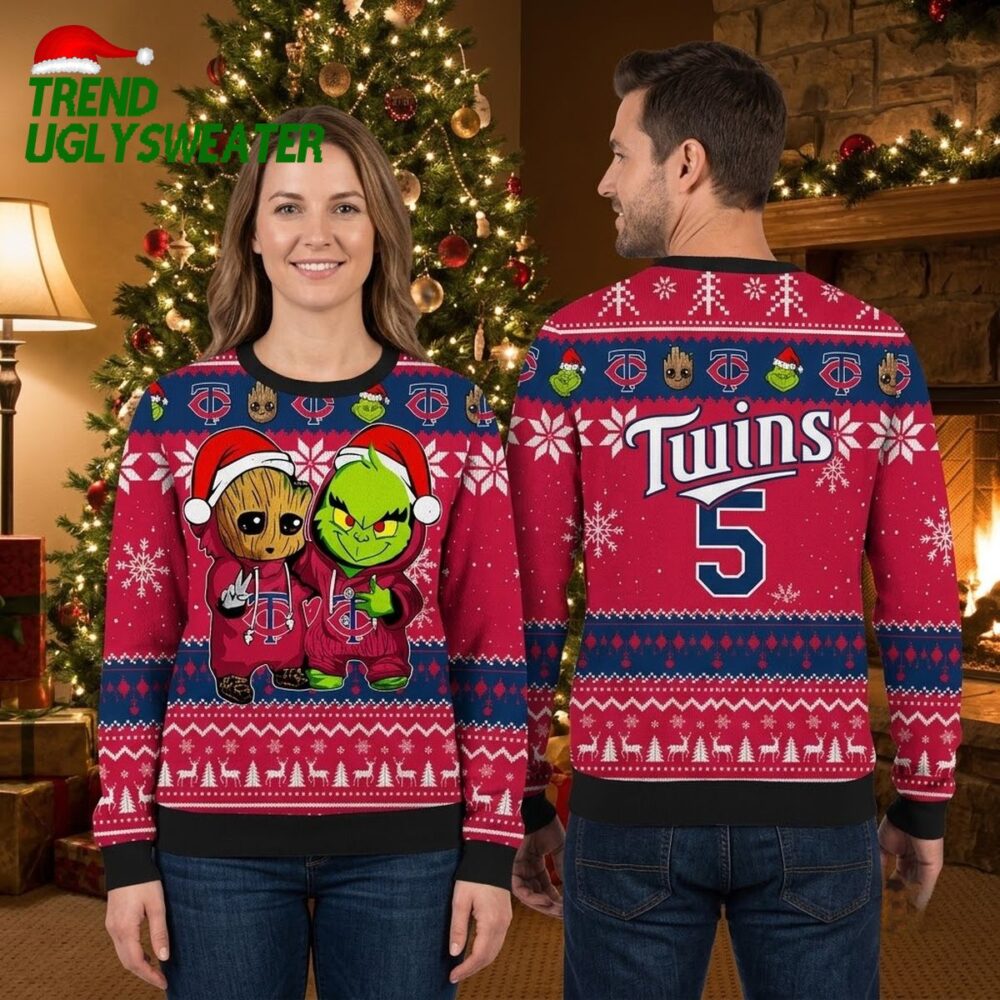 minnesota twins grinch and groot santa hat ugly christmas sweater