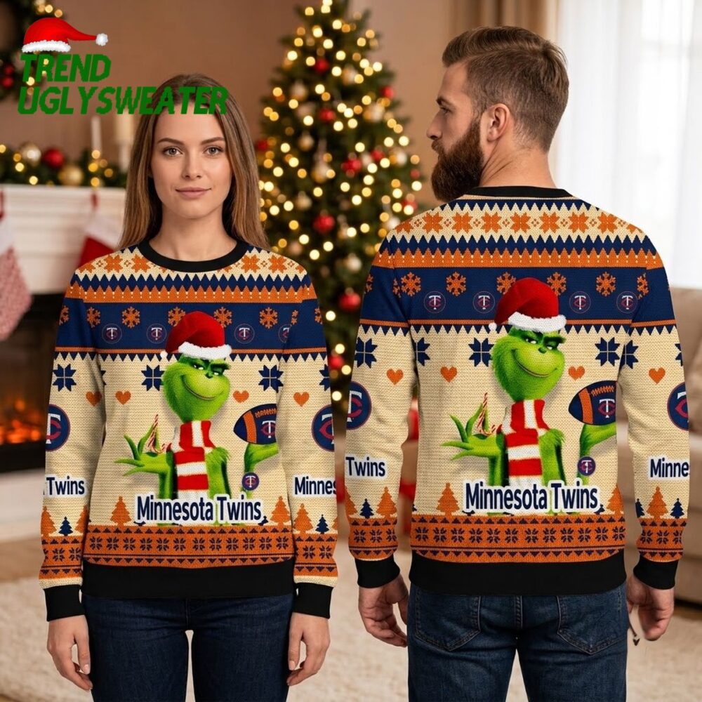 minnesota twins grinch with santa hat and scarf ugly christmas sweater