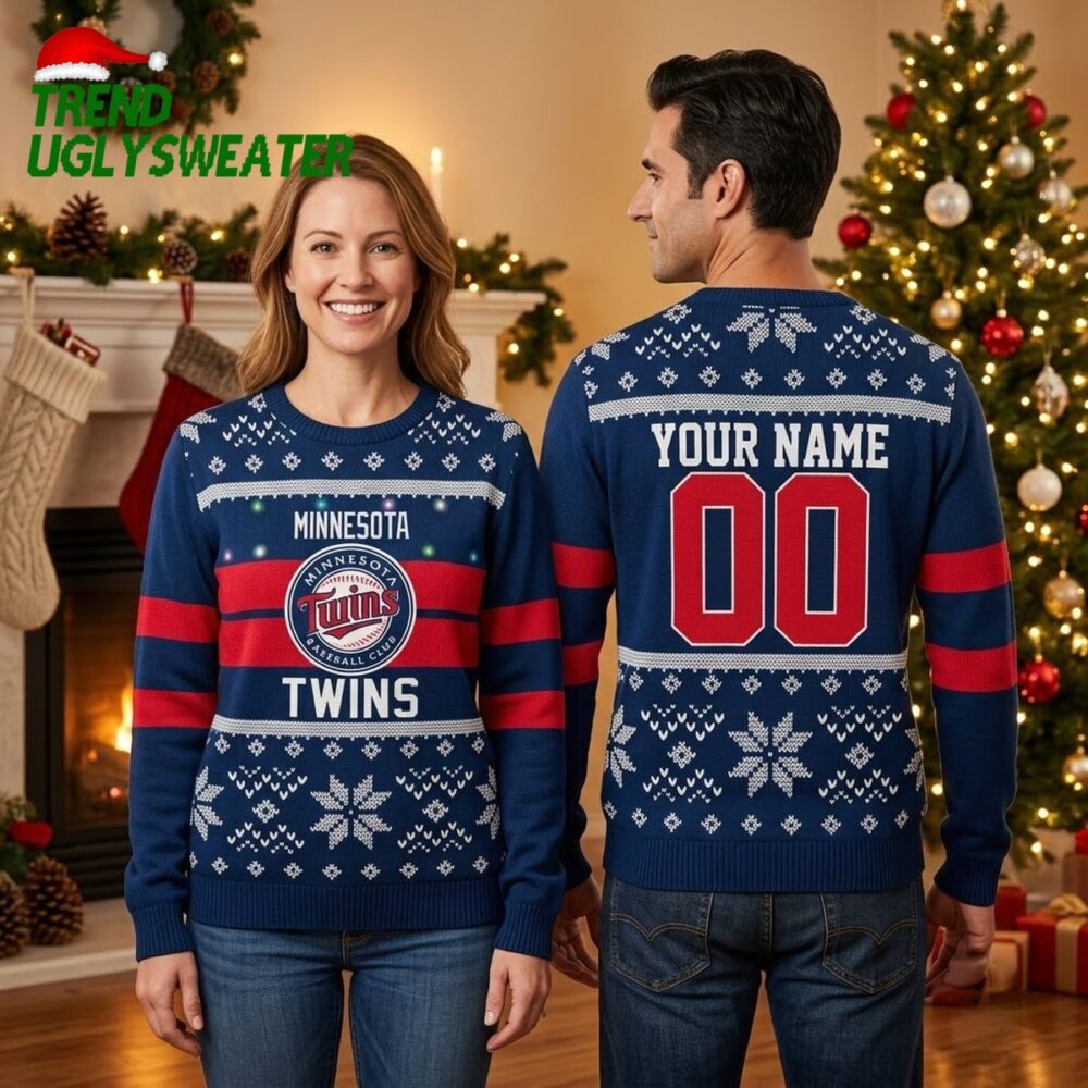 minnesota twins personalized snowflake custom name and number ugly christmas sweater