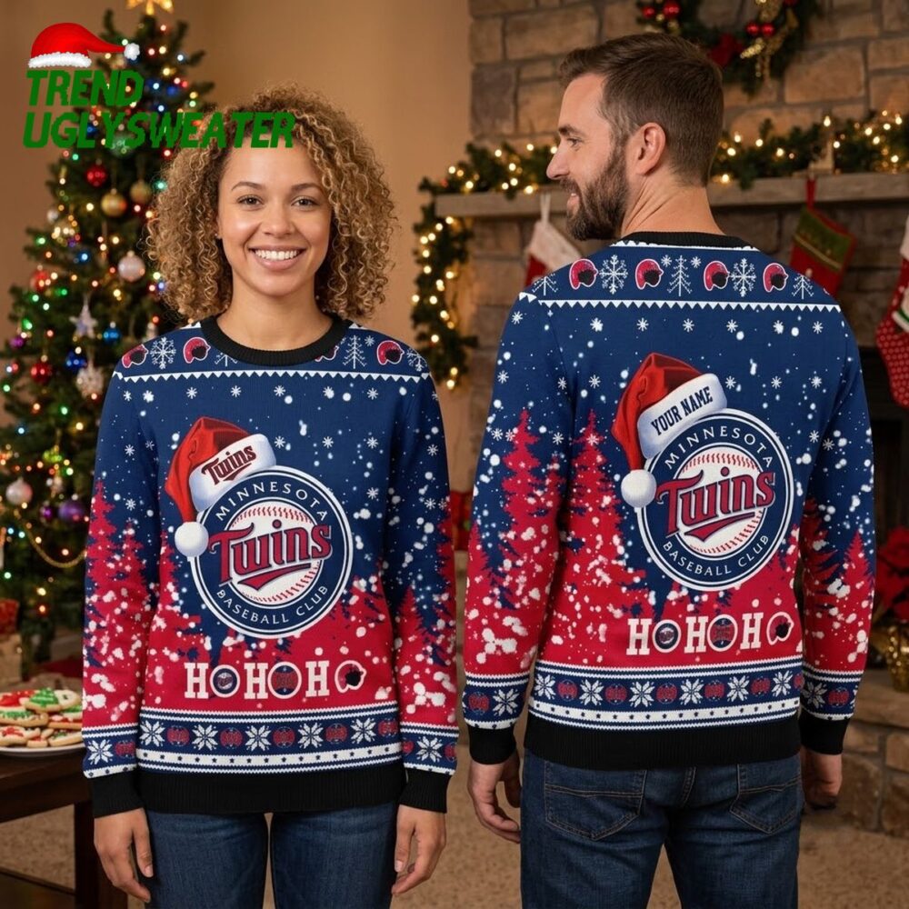 minnesota twins santa hat logo custom name ho ho ho ugly christmas sweater
