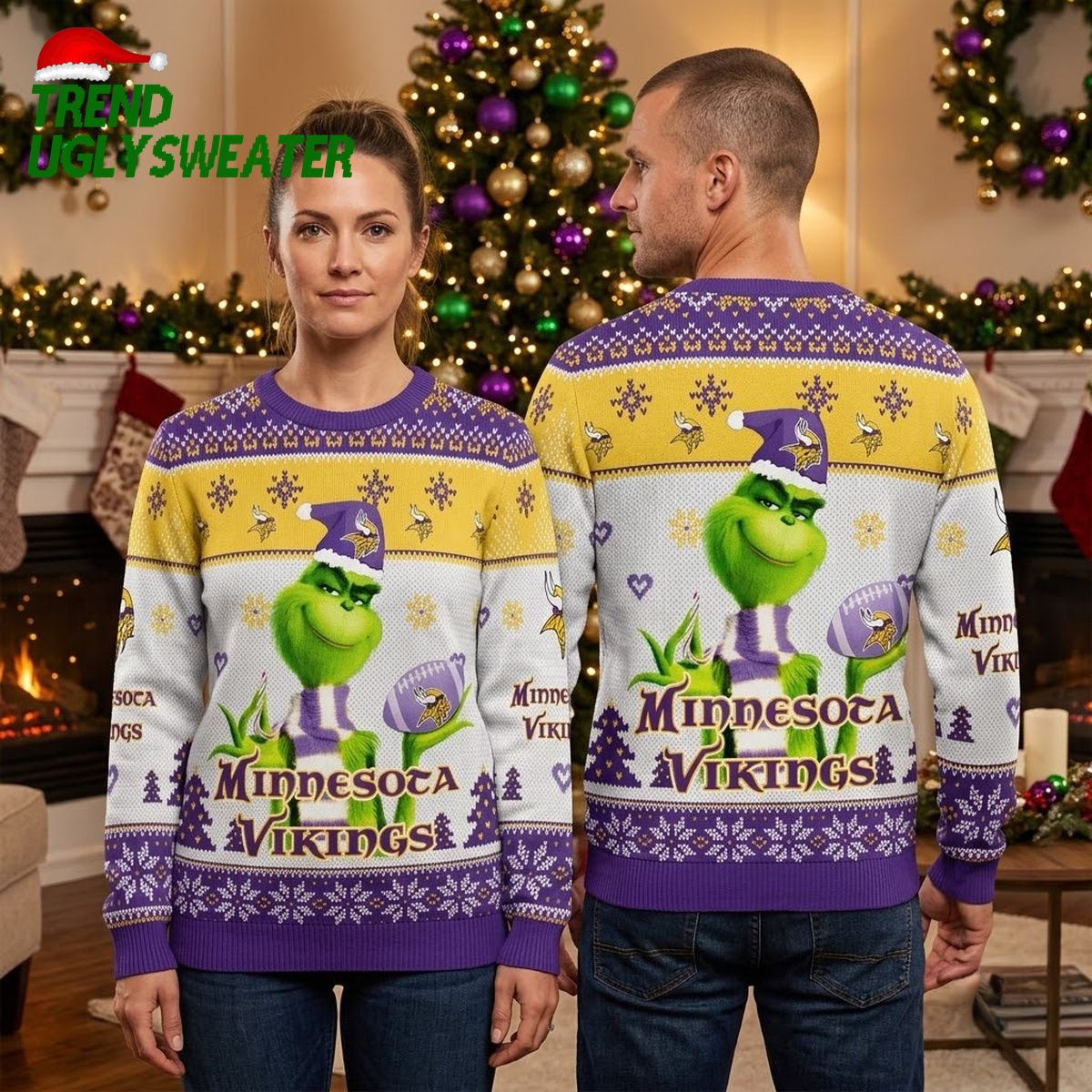 minnesota vikings grinch santa hat football ugly christmas sweater minnesota vikings grinch santa hat football ugly christmas sweater