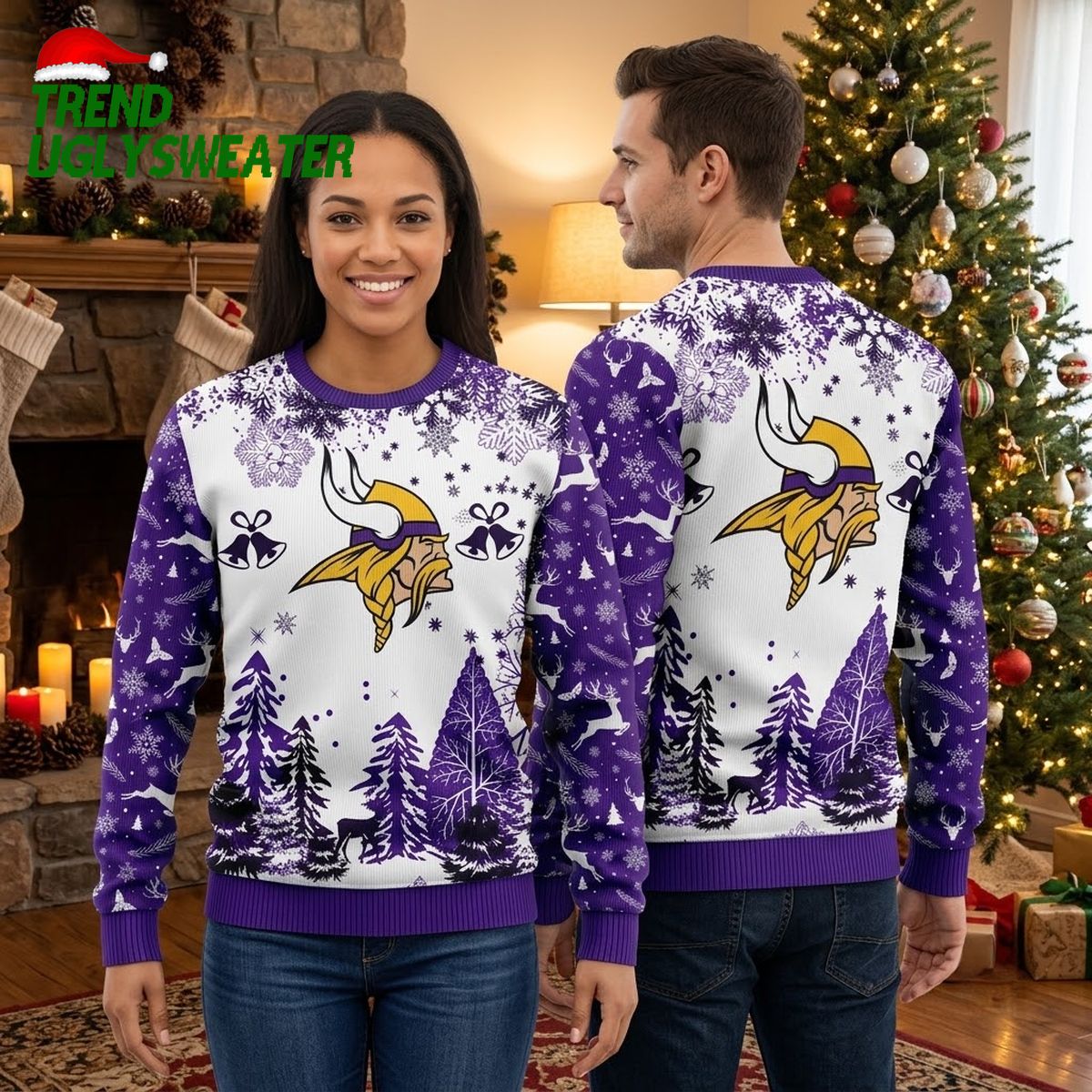 minnesota vikings horned logo snowflake forest ugly christmas sweater minnesota vikings horned logo snowflake forest ugly christmas sweater