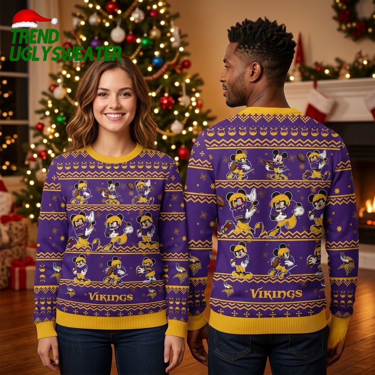 minnesota vikings mickey mouse football pattern ugly christmas sweater minnesota vikings mickey mouse football pattern ugly christmas sweater