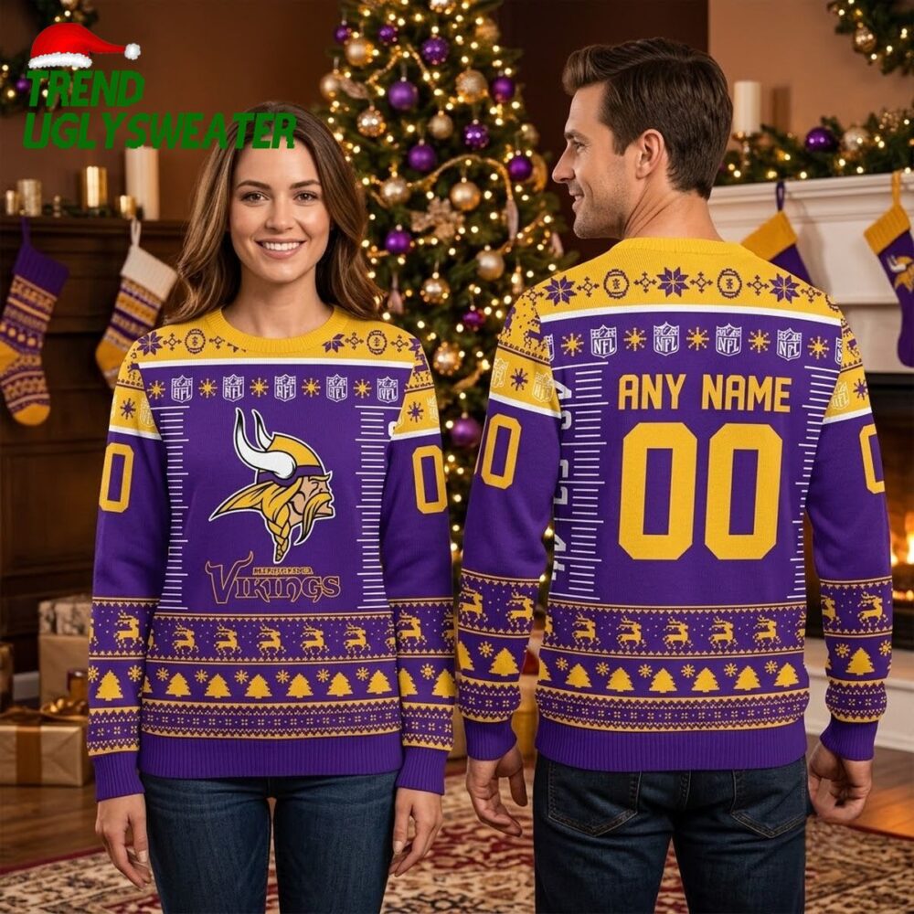 minnesota vikings personalized any name and number ugly christmas sweater